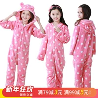 Mùa thu và mùa đông trẻ em flannel ấm áp đồ ngủ một mảnh bé dịch vụ nhà cô gái dày lên nhà vệ sinh cô gái sang trọng túi ngủ bodysuit chất nỉ bông hàn quốc