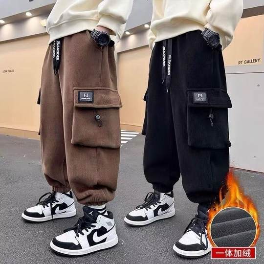 儿童装男童加绒加厚裤子秋冬款灯芯绒一体绒2025新款冬季运动裤潮
