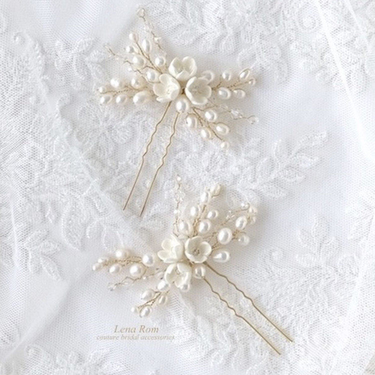 Natural Pearl Bead Flower Bridal Cheongsam Headdress Xiuhe Clothing Simple Atmospheric Hair Fork Hair Insert Antique Photography Accessories