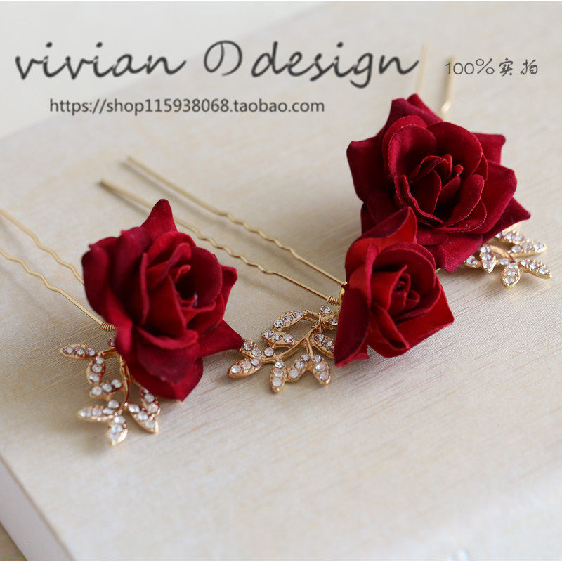 Rose-flower-blown U-fork hair must be incorporated into the bride classical wind shape photography rotten red rose rose hair