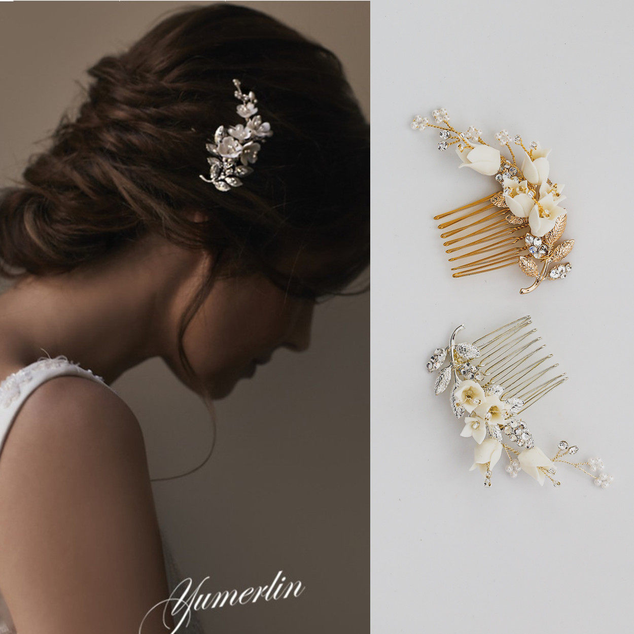 European and American vintage white gold silver pearl handmade white flower leaf Rhinestone Bridal hair ornament styling comb