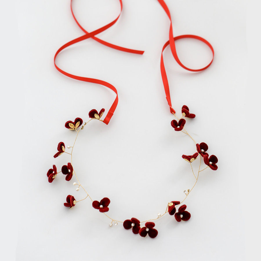 Burgundy little fresh share bridal hair ornament light dress headdress wedding accessories travel photography shadow red dress headdress