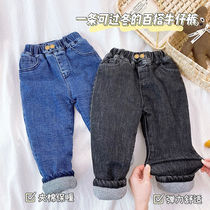 Children denim cotton pants outside wearing pants 2021 Winter new male and female children Thickening Plus Cotton One Overwinter Pants