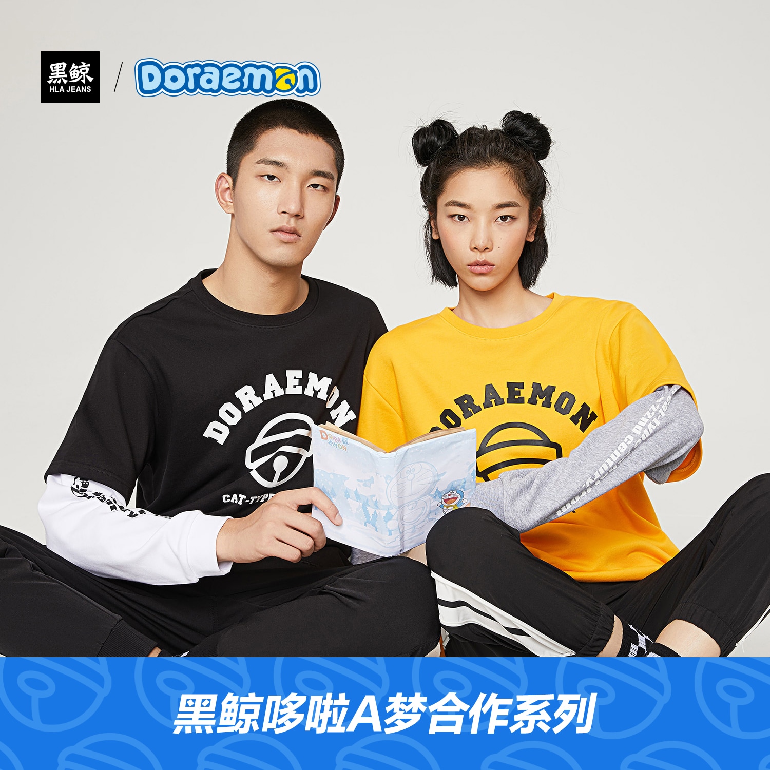 Black Whale's Doraemon A Dream Series fake two long sleeves T-shirt 2020 Fall New Alphabet Printed