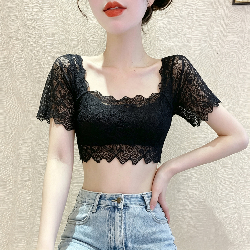 Black Strapless Anti-Exposure Chest Protector, Lace Bustier Short-Sleeve Camisole, Mesh Top for Wearing under a Slip Dress