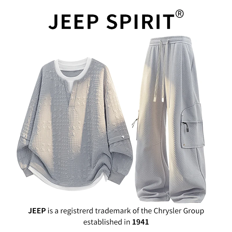 Jeepspirit Jeep Suit Men's Spring and Autumn Two-Piece Sweatshirt Workwear Plus Size Casual Sports Two-Piece Set