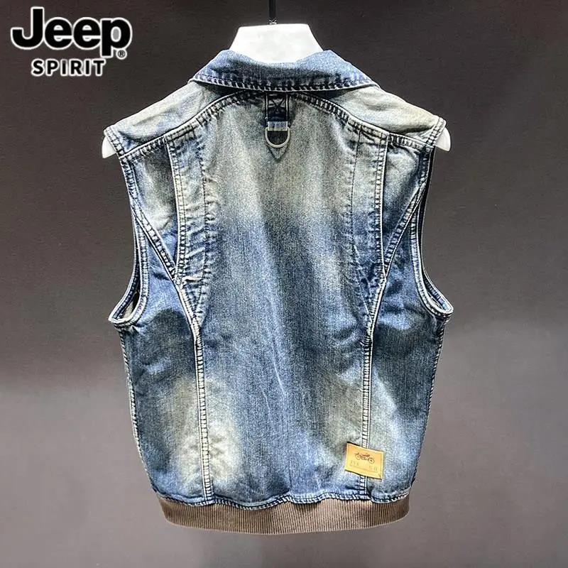 Jeep High-Quality Denim Vest for Men, New Summer Style, American Trendy Brand, Lapel Sleeveless Retro Jacket Vest