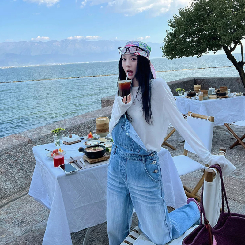 Washed Whiskered Overalls for Women, New Summer Style, American Retro Design, Niche Loose Wide-Leg Denim Jumpsuit