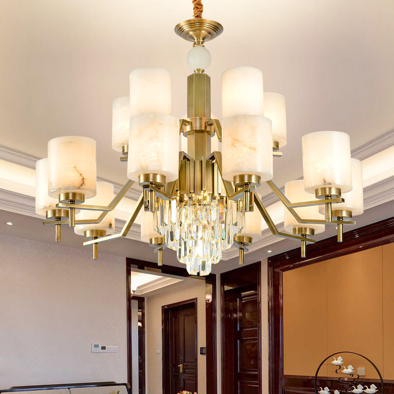 Modern and simple new Chinese style copper crystal chandelier light luxury marble living room dining room bedroom duplex villa chandelier