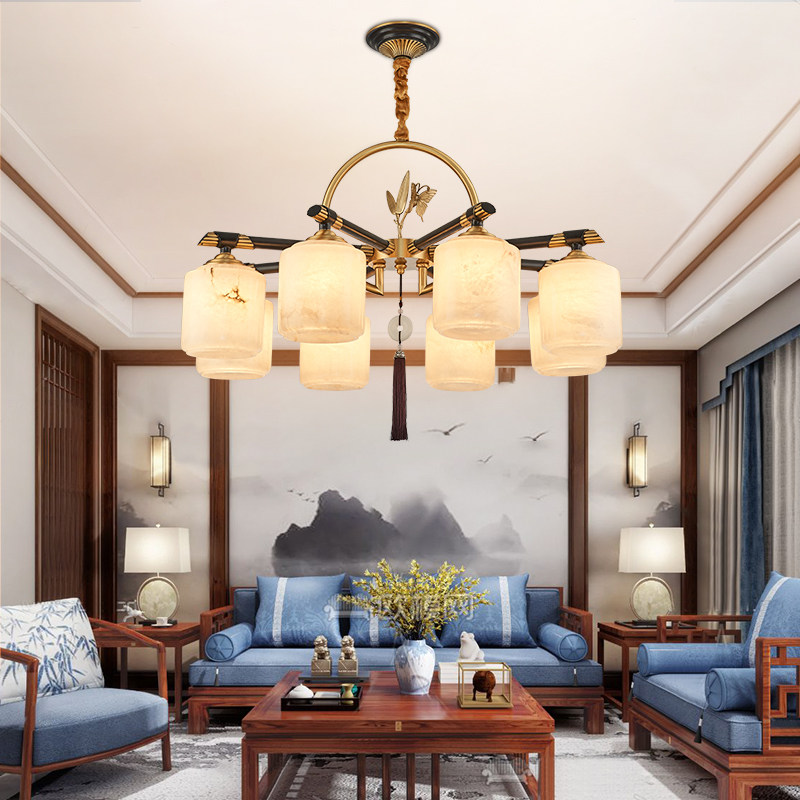 New Chinese style all copper marble chandelier Chinese style Zen living room dining room study tea room lampshade down dustproof chandelier