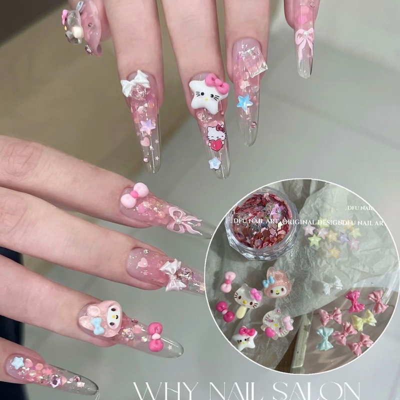 Kitty Cat Nail Art Accessories My Melody Kt Bow Tie Heart Sequins Pearlescent Bow Wearable Nail Accessories Rhinestones