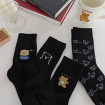 Cute Cartoon Small Bear Black Socks Woman Midbarrel Socks Spring Summer Wins South Korea Day College Wind Long Barrel Cotton Socks