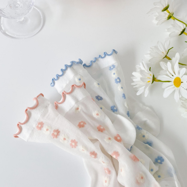 Crystal Glass Silk Socks Children Lace Flowers Edge Flowers Summer Thinness Chains South Korea Sweet and cute Japanese Department Silo Socks