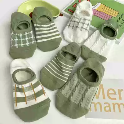 Green socks women's socks shallow mouth summer thin plaid striped invisible boat socks Japanese college style short tube socks cotton