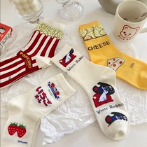 Spring Summer South Korea Ins Socks Woman Midbarrel Socks Cute Day Ensemble Cartoon Popcorn Strawberry Girl Student Socks Pure Cotton