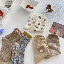 Day Series Cartoon Small Bear Socks Female Midbarrel Socks Spring Summer Wins Korea Cute Teenage Girl Flowers Side College Wind Stockings