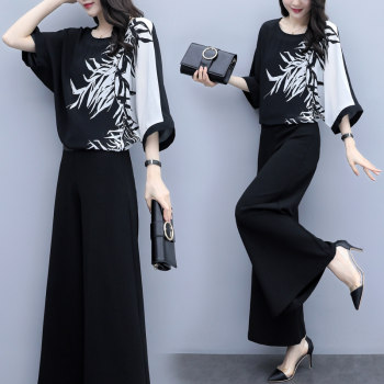 2025 New Spring and Summer Women's Plus Size Two-Piece Set Chiffon Top High-Waisted Wide-Leg Pants Casual Fashion Suit for Women