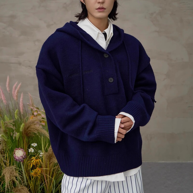 Original Autumn and Winter Retro Knitted Hooded Sweater for Men, American-Style Simple Embroidery, Loose and Lazy Long-Sleeved Top, Thick Coat