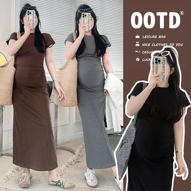 Maternity Dress Summer New Style Short-Sleeved Slimming Pure Cotton Elastic Tight-Fitting Mid-Length Dress for Pregnant Women Summer Wear