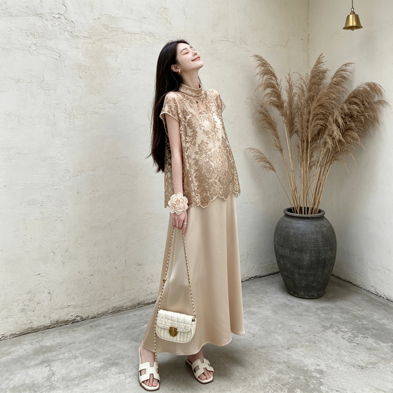 Acetate Satin Slip Dress Set for Pregnant Women, Summer Breathable Blouse, Elegant, Slimming Two-Piece Set Acetate Satin Slip Dress Set for Pregnant Women, Summer Breathable Blouse, Elegant, Slimming Two-Piece Set