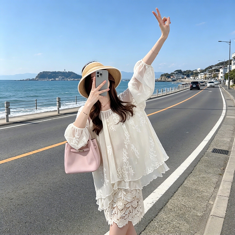 High-End Maternity Wear, Summer Lazy Sun Protection Blouse, Embroidered Lace Top + Petal Skirt Fashion Set High-End Maternity Wear, Summer Lazy Sun Protection Blouse, Embroidered Lace Top + Petal Skirt Fashion Set