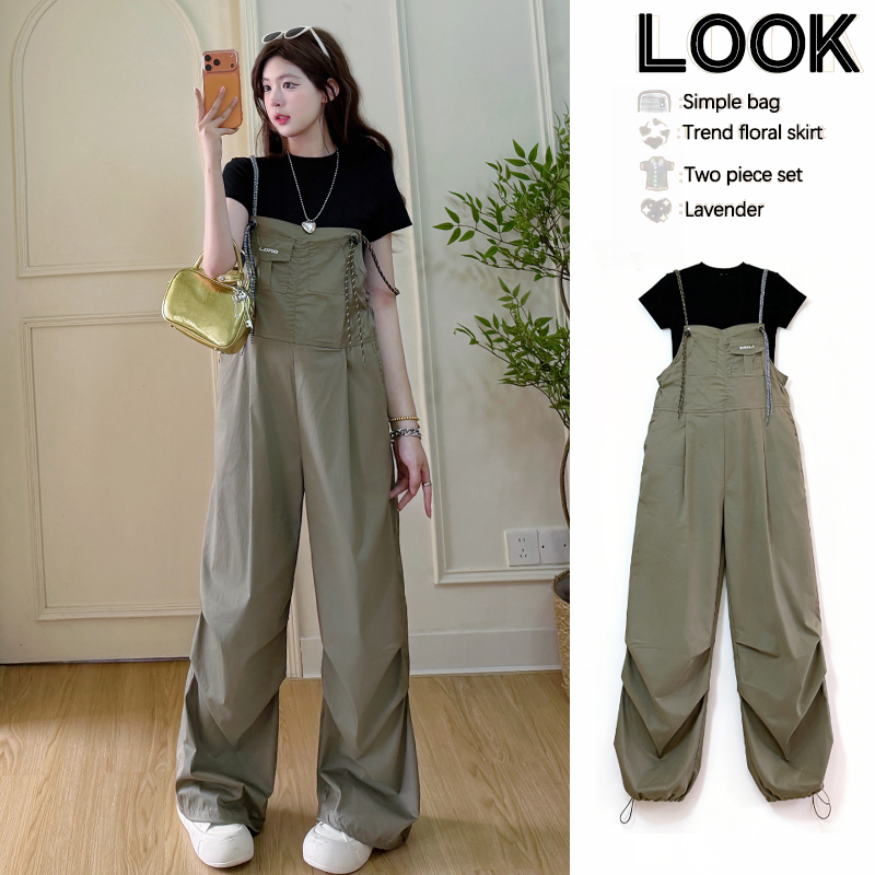 Maternity Overalls Set Spring and Summer New Style Fashionable One-Piece Wide-Leg Pants Cargo Pants Short-Sleeved Top 2-Piece Set
