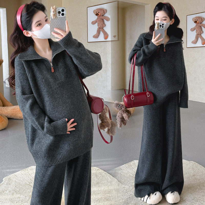 Maternity Autumn and Winter Suit, High-End Zipper Fashion Lapel Top, Adjustable Wide-Leg Pants, Thickened Sweater Two-Piece Set