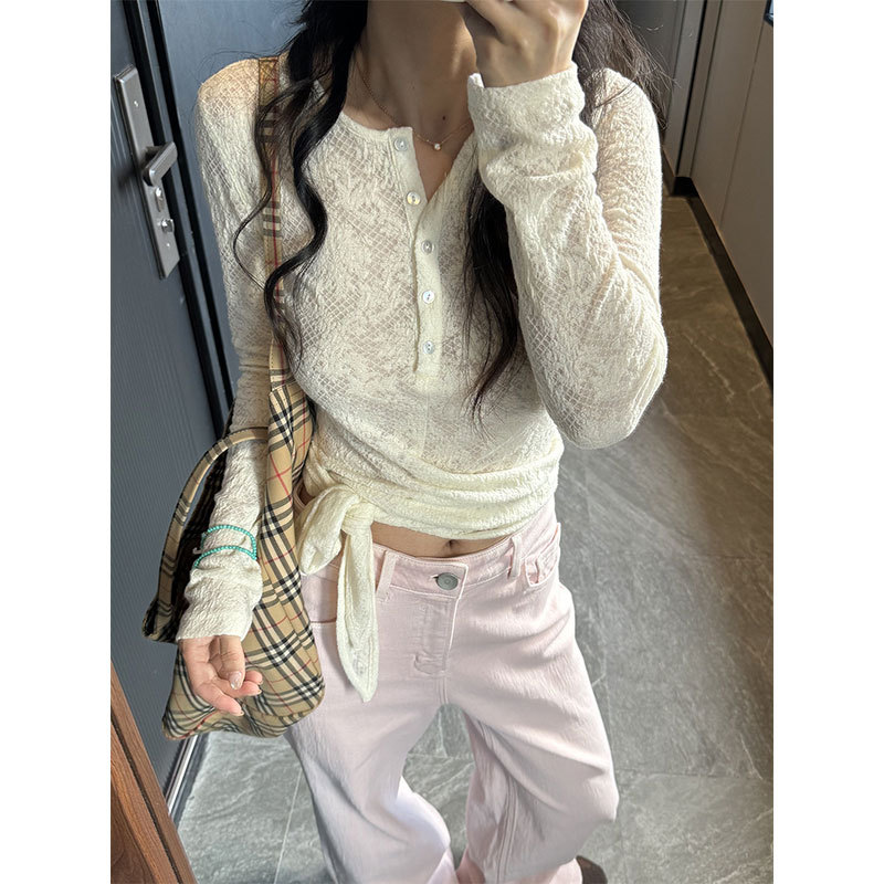 Korean Fashion Henry Collar Long-Sleeved T-Shirt for Women 2026 Spring New Design with Lace-Up Lace Super Pretty Top