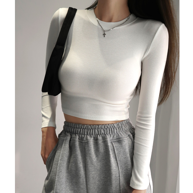 Long-Sleeved T-Shirt for Women, High-Waisted, Slim-Fitting, Short Top for Women, Spring and Autumn, European and American Style, Tight-Fitting, Solid Color, Inner Layer Base Shirt