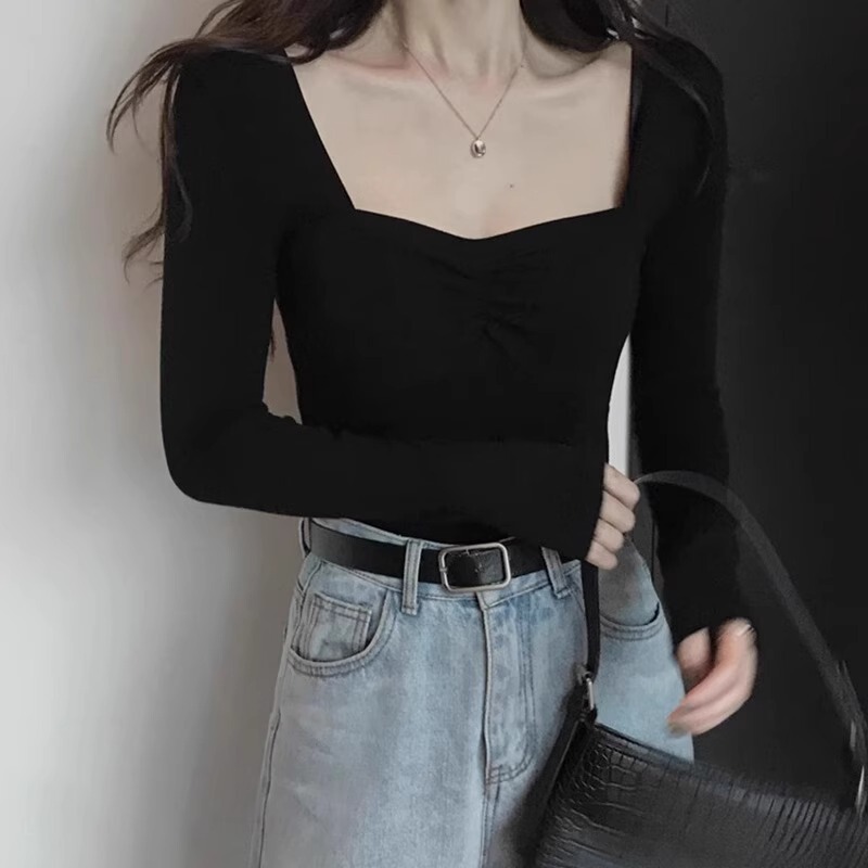 French-Style Square-Neck Base Shirt for Women, Pure and Sexy, Unique Black Low-Neck Top, Spring and Autumn Inner Wear, Slim-Fit Long-Sleeve T-Shirt