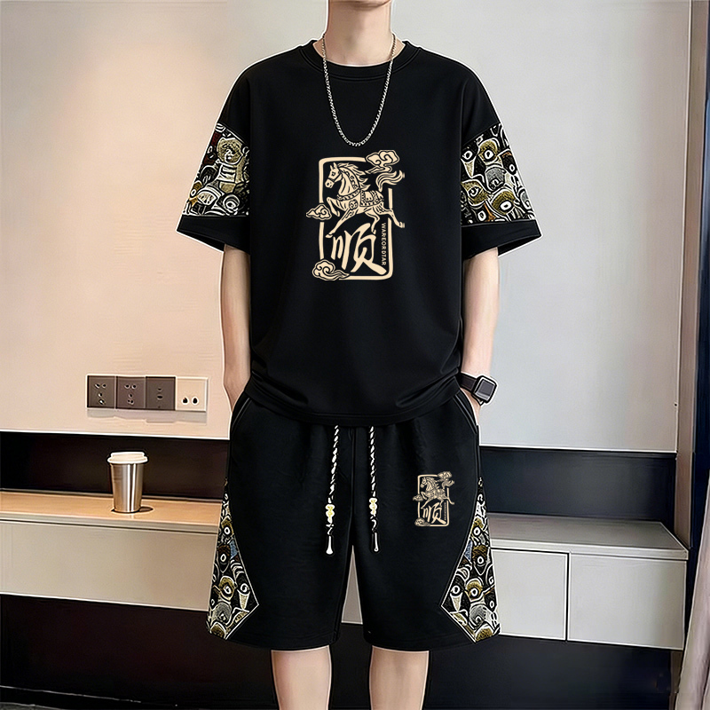 New Chinese-Style Waffle Shorts Set with Printed Short-Sleeve T-Shirt for Men, Summer Large Size Loose Casual Sports Shorts New Chinese-Style Waffle Shorts Set with Printed Short-Sleeve T-Shirt for Men, Summer Large Size Loose Casual Sports Shorts