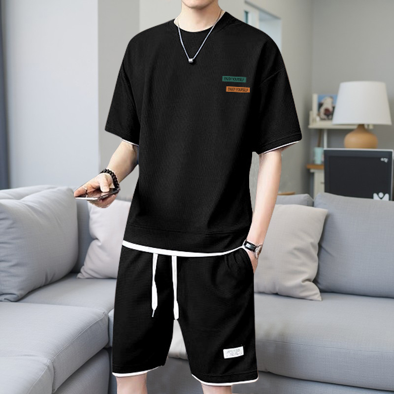 Summer Plus-Size Fashion Waffle Suit Ice Silk Short-Sleeved T-Shirt Trendy Brand Youth Student Loose Casual Shorts