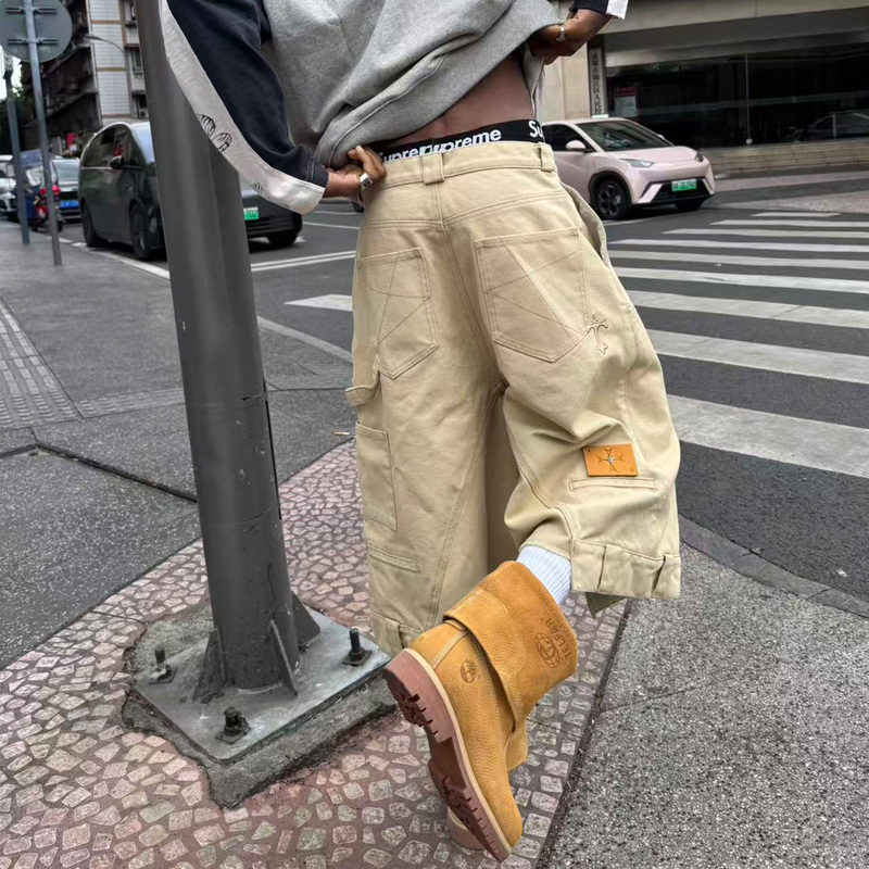 Steepc Khaki M65 Modified Baggy Lumberjack Workwear Three-Quarter Shorts Mid-Length Pants