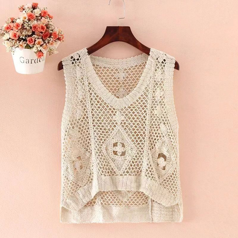 Camisole Top for Women to Wear Outside in Summer, Short Sleeveless Vest, Loose Summer Knitted Cut Out Outer Vest and Waistcoat