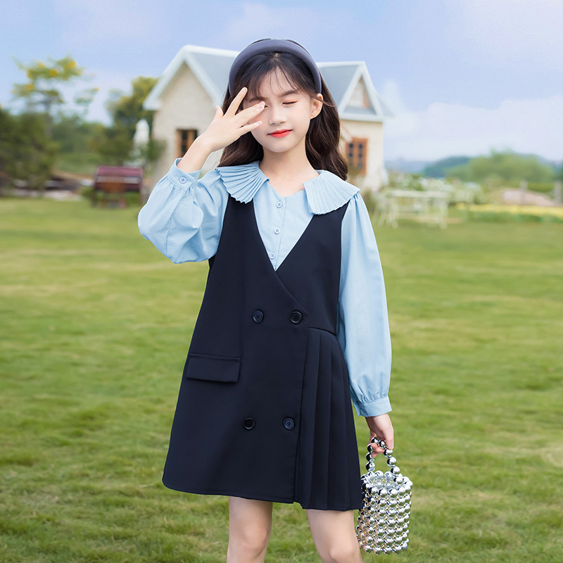 Girl's Spring Festival College Wind Dress 2022 Spring Dress New Foreign Pie Spring Autumn CUHK Child Children Fake Two Dresses
