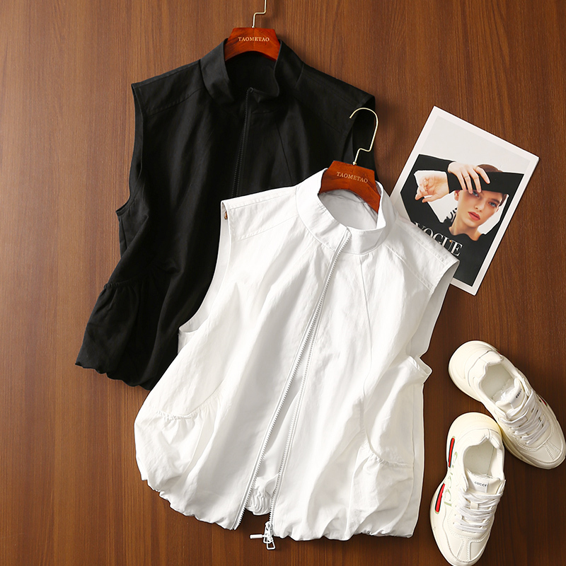 Tao Mo Tao: Stylish and Attitude-Driven - Outdoor Loose-Fit Two-Way Zipper Stand Collar Sleeveless Vest Jacket for Women, New Style