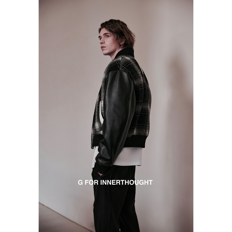 G for Innerthought British Harris Tweed Calfskin Sleeves Large White Goose down Baseball Jacket