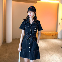 Five-season big-yard female-fat sister mm thin cowboy dress in summer 2022 black rollover dress