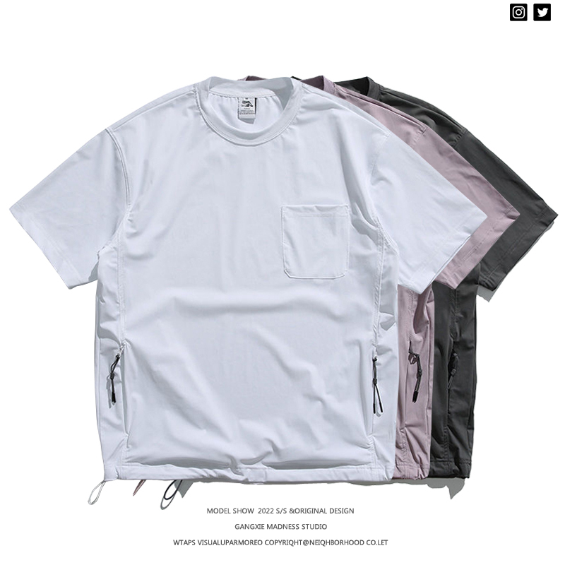 Summer Outdoor Functional Multi-Pocket Crew Neck Short-Sleeve T-Shirt for Men, Trendy Brand, Loose Fit, Quick-Drying, Couple Sports Drawstring Top