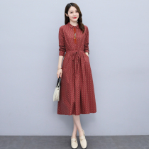 Four Seasons Green Woman Dress New Hangzhou 2022 Spring Dress Long Sleeve Printed dress with waist display slim fit and large hem Flower Long Dress