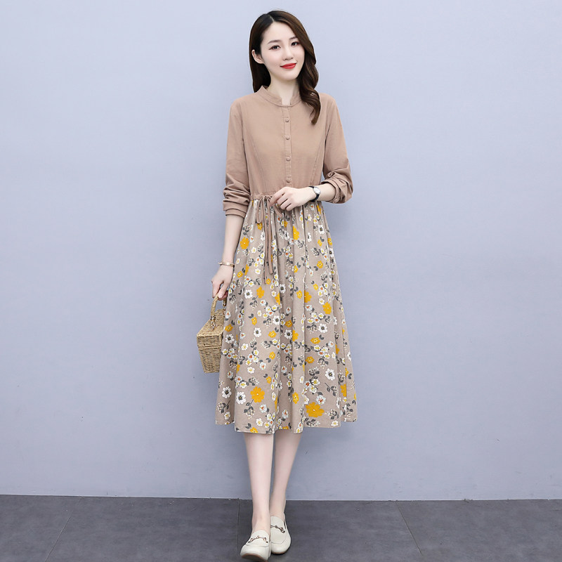 Four Seasons Green Woman Dress New Hangzhou 2022 Spring Collection Waist Display Slim Cotton Linen Long Sleeve Foreign Dress Temperament Crummy Dress