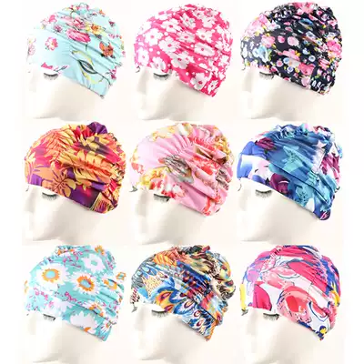 Increase fashion boutique printing comfortable pleated cloth swimming cap, large head, long hair, ear protection swimming cap Women