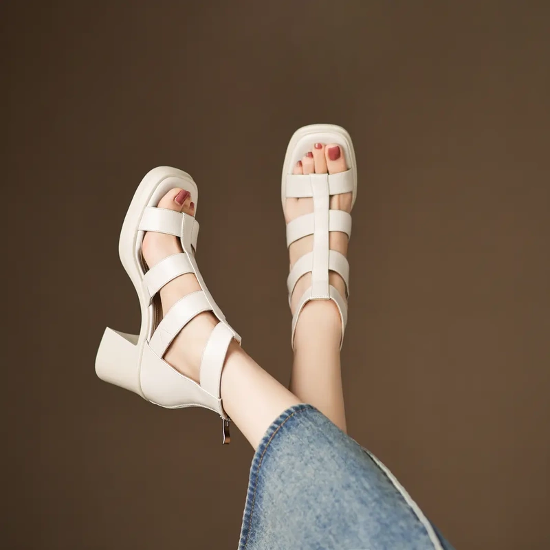 [7.5Cm/Cowhide] French Retro Chunky Heel Sandals for Women, New Summer Style Open-Toe Hollow High Heels A1276