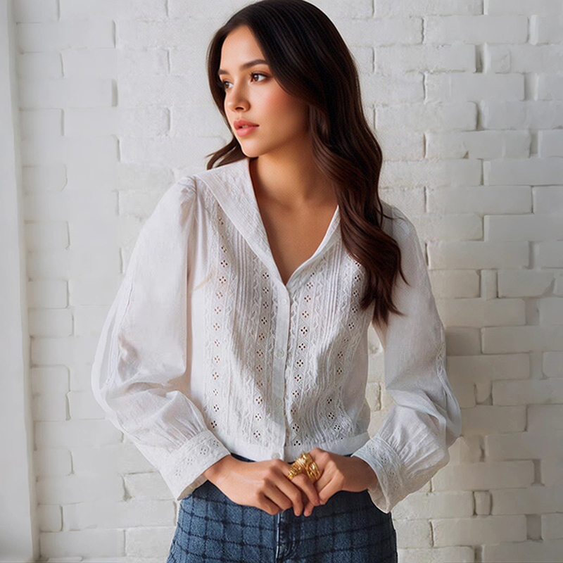 French Niche 2026 Spring/Summer New Gentle Lace Hollow Floral Embroidery Navy Large Lapel Long-Sleeved Shirt