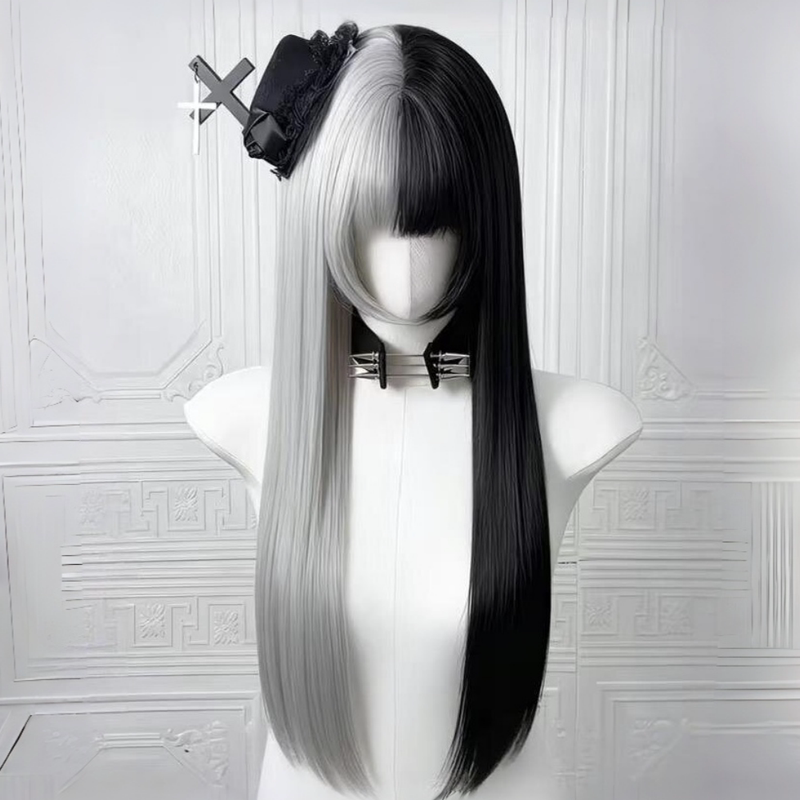 Gothic Wig for Women, Long Straight Hair, Lolita Style, Versatile Black and White Dual-Tone Yin-Yang Hairstyle, Two-Dimensional Anime Full Wig