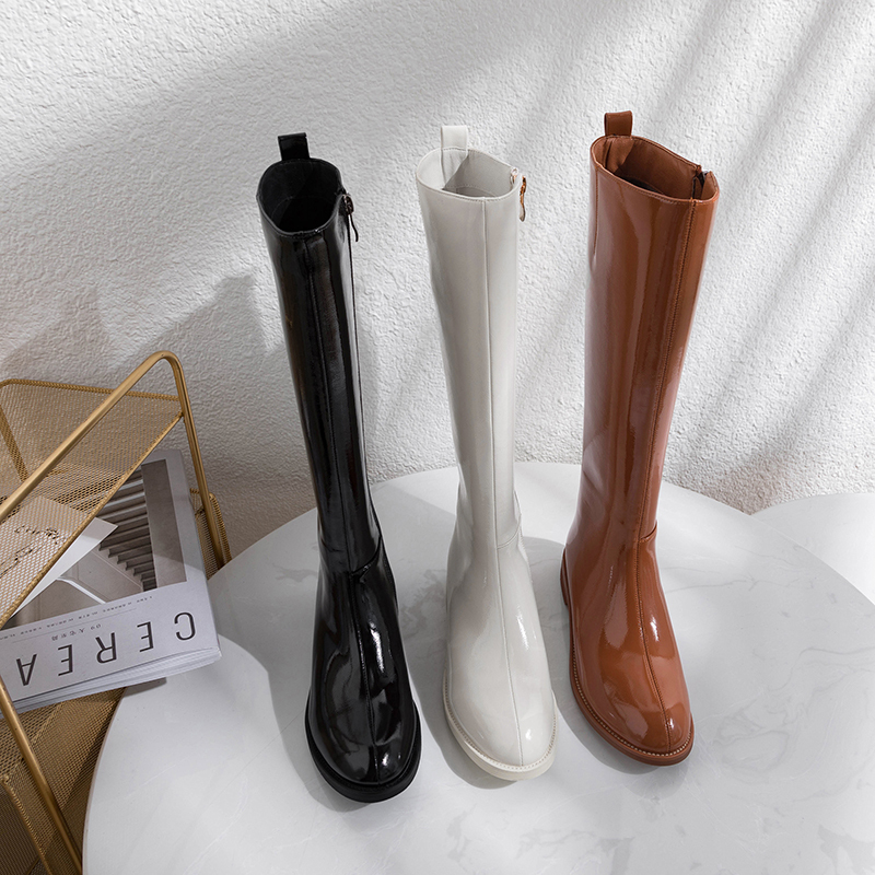 Brown Long Boots for Women, Slim Boots, Thin Patent Leather Flat Boots, Versatile Genuine Leather Low-Heeled Round-Toe High Riding Boots