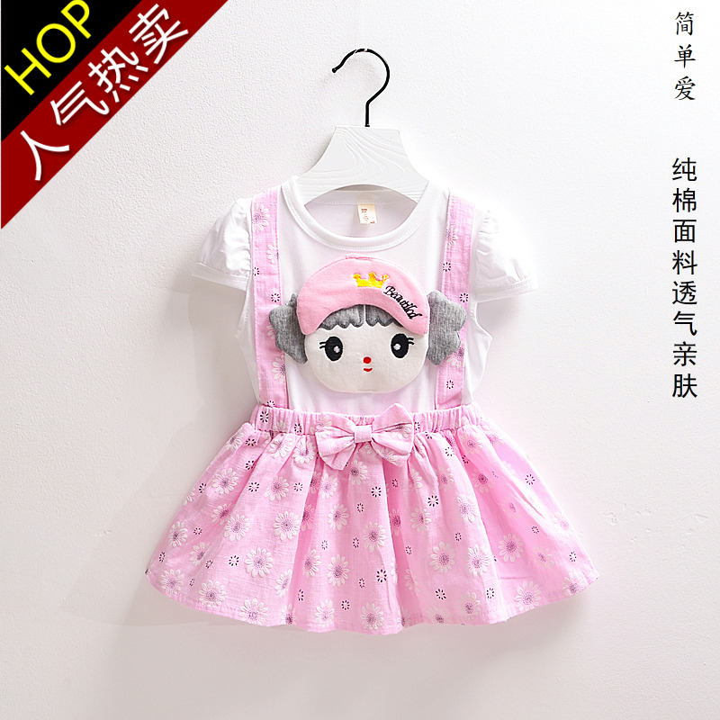 Child Clothing Girl Summer Cuddling Bag Dresses Children Pure Cotton Fake Two Sets Connected Body Foreign Dress 2 Baby Dresses 1-5 Years Old
