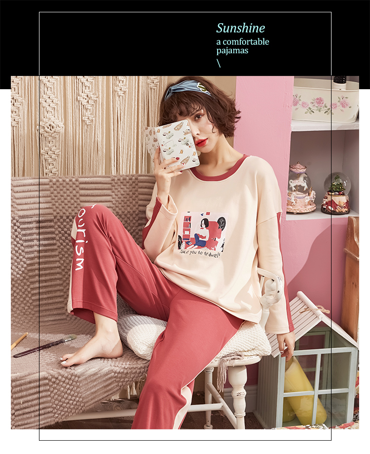 Bộ đồ ngủ nữ mùa thu và mùa đông bằng cotton dài tay phiên bản Hàn Quốc của bộ đồ ngủ nữ nhỏ xinh và đáng yêu đồ ngủ cute