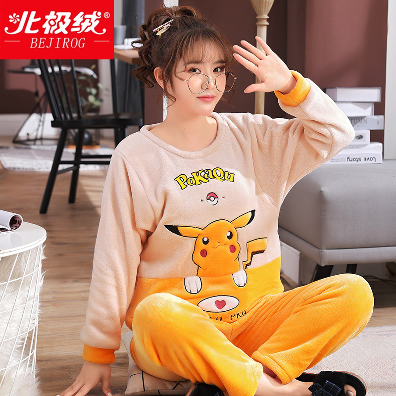 Coral Suede Pajamas Woman Autumn Winter Flannel Suede Thickened With Velvet Spring Autumn Days Hairy And Cute Stay-at-home Winter Suits