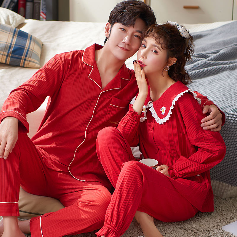 Big red festive couple pyjamas women autumn/winter cotton long-sleeved men's spring and autumn wedding bride home clothing set
